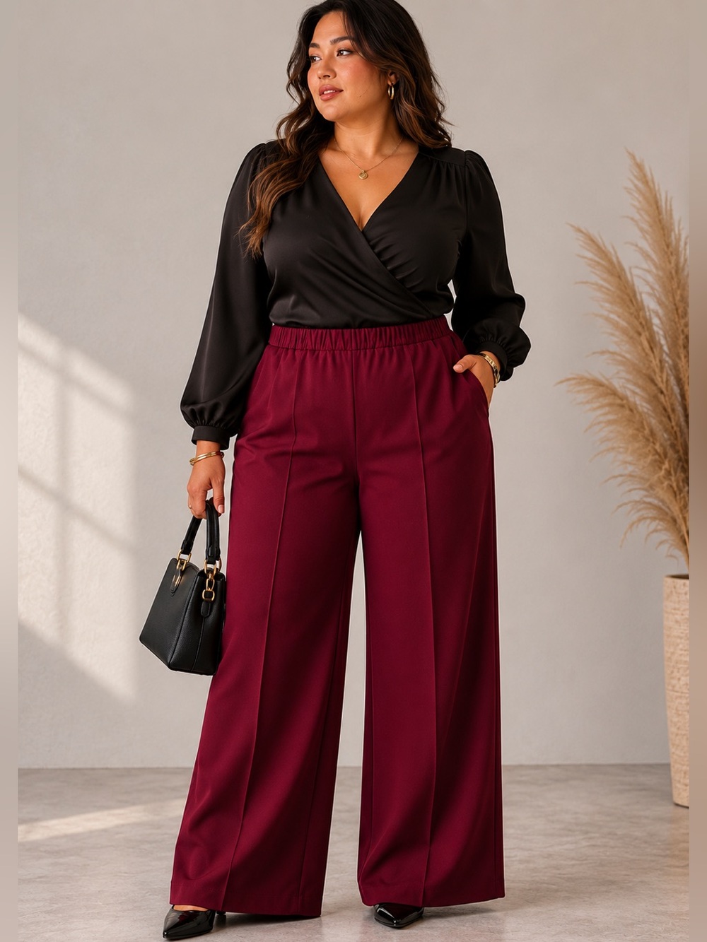 SZ 14 Cape Cod Sportswear Burgundy Wide-Leg Pull-On Pants